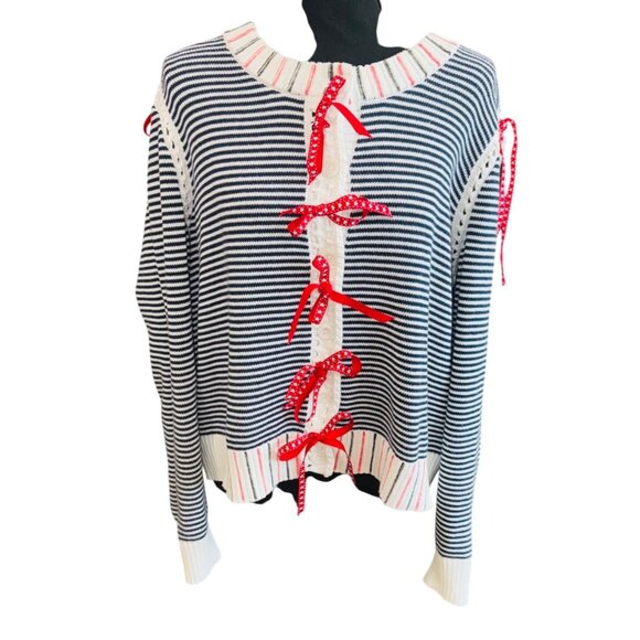 Sweet Bow Striped Navy White Nautical Novelty Sweater Red Ribbon Artsy Preppy - Picture 1 of 8